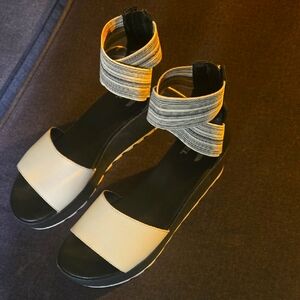 Sorel Black and Cream Sandals with Elastic Ankle Wrap